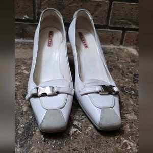 Prada White Leather Shoes with Silver Buckle & Suede Toe
